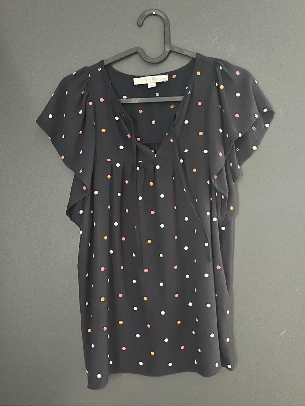 LOFT Navy with Orange and White Polka Dot Flutter Sleeve Blouse